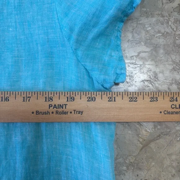 Cynthia Rowley 100% Linen Aqua Blue Short Sleeve Top Button Hem Size L - Picture 8 of 9